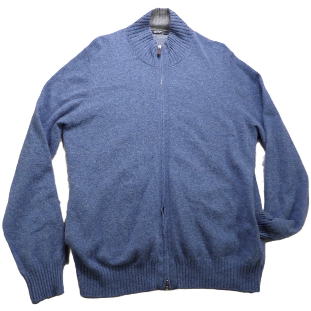 Saks Fifth Avenue Full Zip Cardigan Mock Neck Luxury Cashmere Sweater Men L Blue